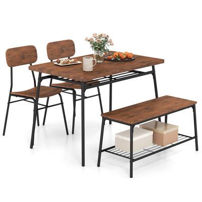 Costway Set of 4 Dining Table Set 110 x 70 cm Kitchen Table w/ 2 Chairs & Bench-Brown