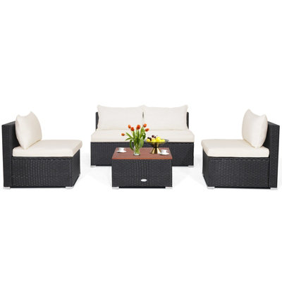 Costway Set of 5 Patio Furniture Set Outdoor PE Wicker Conversation Set Garden Table Sofa Set