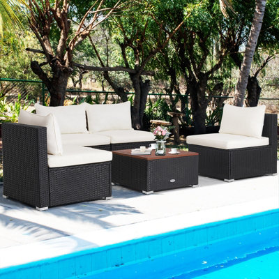 Costway Set of 5 Patio Furniture Set Outdoor PE Wicker Conversation Set Garden Table Sofa Set - 4