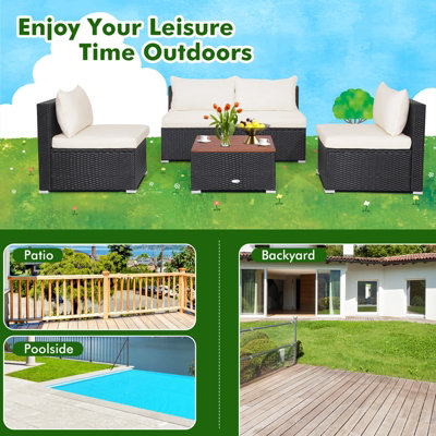 Costway Set of 5 Patio Furniture Set Outdoor PE Wicker Conversation Set Garden Table Sofa Set - 9