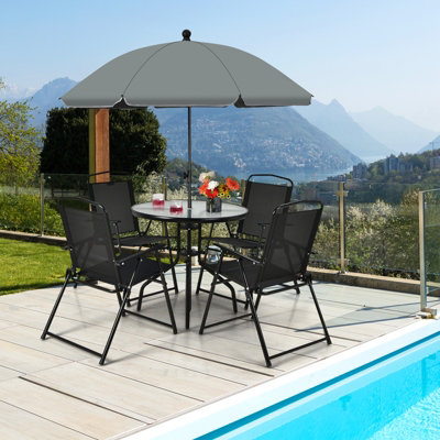 Costway Set of 6 Patio Furniture Set Garden Coffee Table and 4 Folding Chair w/ Umbrella