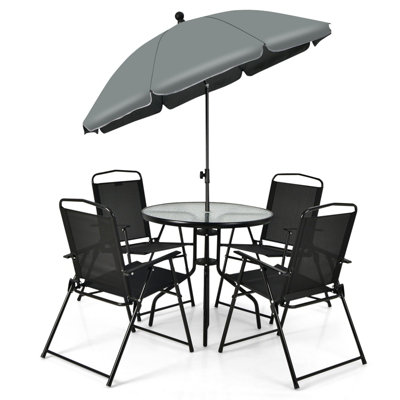 Costway Set of 6 Patio Furniture Set Garden Coffee Table and 4 Folding Chair w/ Umbrella