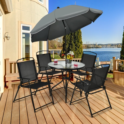 Costway Set of 6 Patio Furniture Set Garden Coffee Table and 4 Folding Chair w/ Umbrella - 4