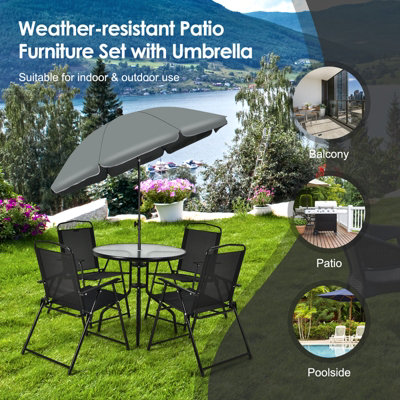 Costway Set of 6 Patio Furniture Set Garden Coffee Table and 4 Folding Chair w/ Umbrella - 9