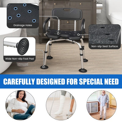Costway Shower Chair Matel Frame Height Adjustable Non-Slip w/ Removable Back Arms Cutout 100KG - 4