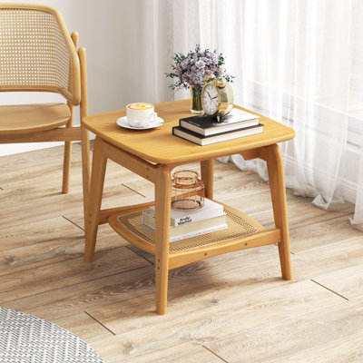COSTWAY Side Table Bamboo Sofa Side Table w/Faux Rattan Storage Shelf-Natural