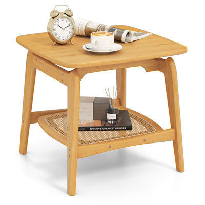 COSTWAY Side Table Bamboo Sofa Side Table w/Faux Rattan Storage Shelf-Natural