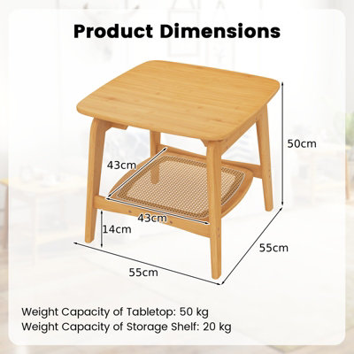 COSTWAY Side Table Bamboo Sofa Side Table w/Faux Rattan Storage Shelf-Natural