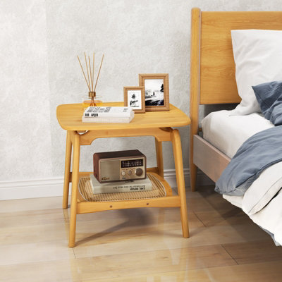 COSTWAY Side Table Bamboo Sofa Side Table w/Faux Rattan Storage Shelf-Natural