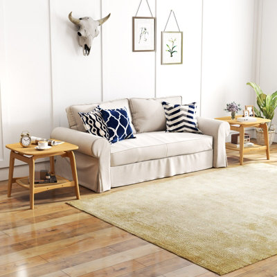 COSTWAY Side Table Bamboo Sofa Side Table w/Faux Rattan Storage Shelf-Natural
