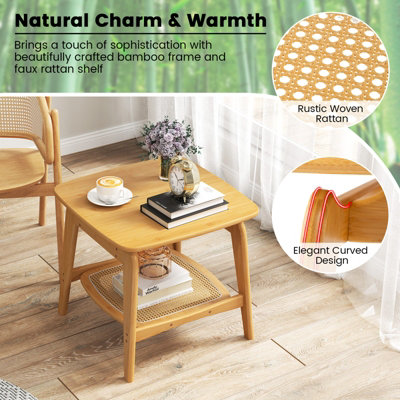 COSTWAY Side Table Bamboo Sofa Side Table w/Faux Rattan Storage Shelf-Natural