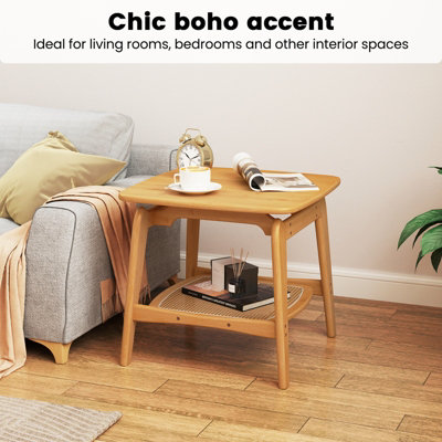 COSTWAY Side Table Bamboo Sofa Side Table w/Faux Rattan Storage Shelf-Natural