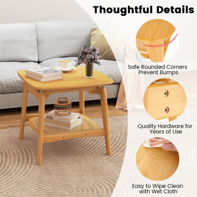 COSTWAY Side Table Bamboo Sofa Side Table w/Faux Rattan Storage Shelf-Natural