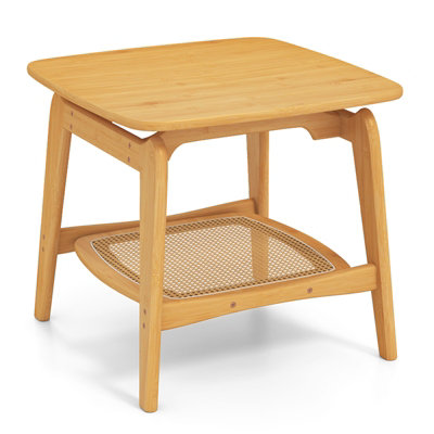 COSTWAY Side Table Bamboo Sofa Side Table w/Faux Rattan Storage Shelf-Natural