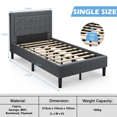 Costway Single Bed Frame Upholstered Platform Bed Slat Support  Button-Tufted Headboard