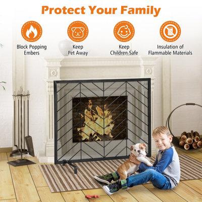 Costway Single Panel Fireplace Screen Solid Wrought Iron Mesh Fire Spark Guard Protect - 8