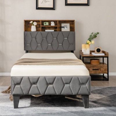 Costway Single Size Bed Frame Upholstered Platform Bed Slat Support W/ Storage Headboard