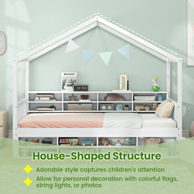 COSTWAY Single Size House Bed with Roof Wooden Kids Platform Bed Frame with 14 Storage Cubes