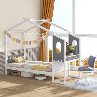 COSTWAY Single Size Wooden Kids House Bed Frame with Desk