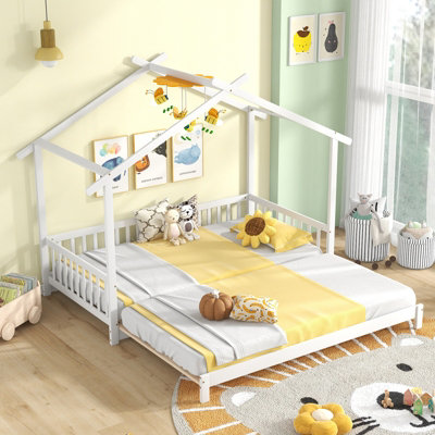 COSTWAY Single to Double Kids Bed Frame Wooden Extendable House Bed w Roof Frame