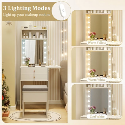 COSTWAY Slim Makeup Vanity Desk Dressing Table Set with Mirror and  Lights-White