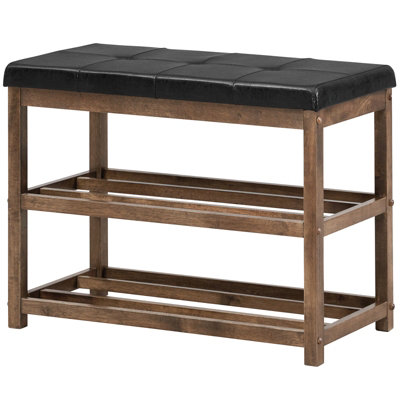 Costway Solid Rubber Wood Shoe Rack Bench 2-Tier Shoe Bench w/ PU Cushioned Seat