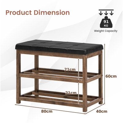 Costway Solid Rubber Wood Shoe Rack Bench 2-Tier Shoe Bench w/ PU Cushioned Seat