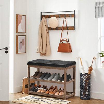 Costway Solid Rubber Wood Shoe Rack Bench 2-Tier Shoe Bench w/ PU Cushioned Seat - 3