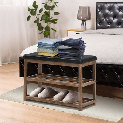 Costway Solid Rubber Wood Shoe Rack Bench 2-Tier Shoe Bench w/ PU Cushioned Seat - 7