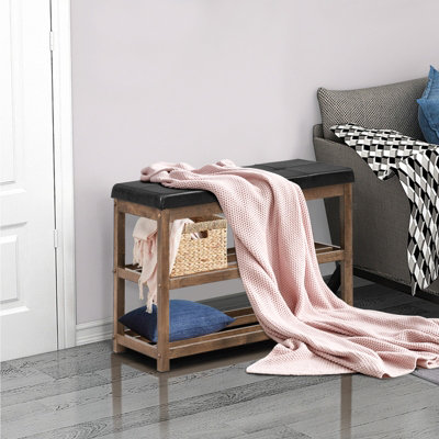 Costway Solid Rubber Wood Shoe Rack Bench 2-Tier Shoe Bench w/ PU Cushioned Seat - 4