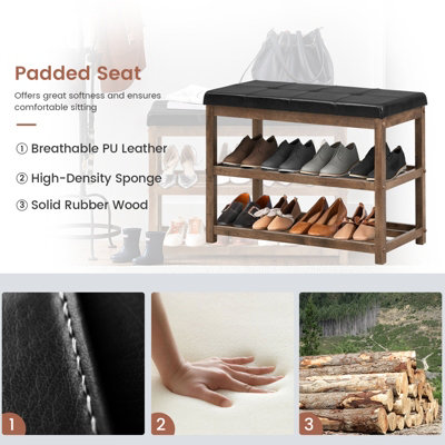 Costway Solid Rubber Wood Shoe Rack Bench 2-Tier Shoe Bench w/ PU Cushioned Seat - 5