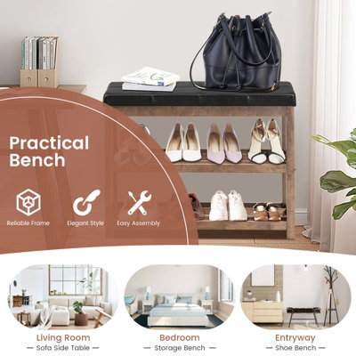 Costway Solid Rubber Wood Shoe Rack Bench 2-Tier Shoe Bench w/ PU Cushioned Seat - 8
