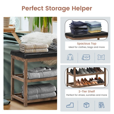 Costway Solid Rubber Wood Shoe Rack Bench 2-Tier Shoe Bench w/ PU Cushioned Seat - 9
