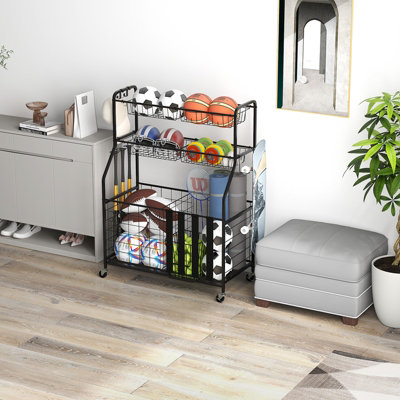 Supporto Per Palloni Sportivi 7 Posti – Rack In Ferro Per Basket, Palloni, Giocattoli, 146 Cm, Nero - 3