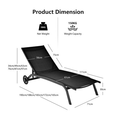 Costway Sun Lounger 6-Level Adjustable Fabric Chaise Chair Outdoor Relaxing Recliner - 3