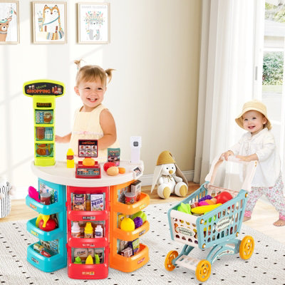 COSTWAY Supermarket Playset Kids 76 PCS Pretend Play Grocery Store Set-Blue