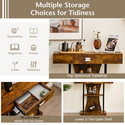 Costway T-Shaped Industrial Console Table Narrow Sofa Side Table Entryway Display Shelves