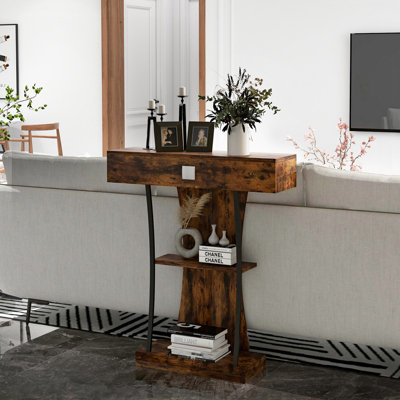 Costway T-Shaped Industrial Console Table Narrow Sofa Side Table Entryway Display Shelves