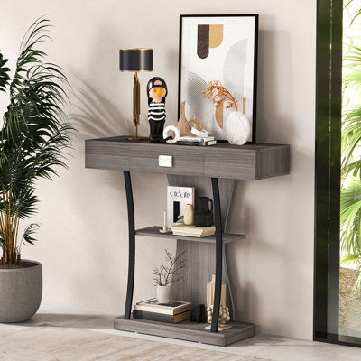 Costway T-Shaped Industrial Console Table Narrow Sofa Side Table
