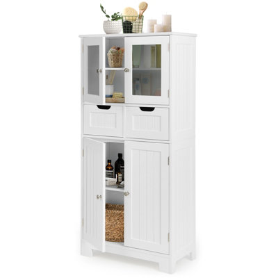 Costway 3 Tier Freee-Standing Bathroom Cabinet with 2 Drawers and Glass Doors-White