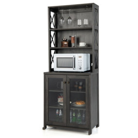 Costway Tall Freestanding Bar Cabinet Farmhouse Kitchen Pantry Hutch w/ Glass Holder