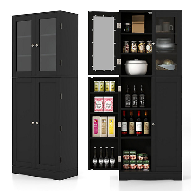 Costway Tall Kitchen Pantry Cabinet Freestanding Cupboard w/ Tempered Glass  Doors