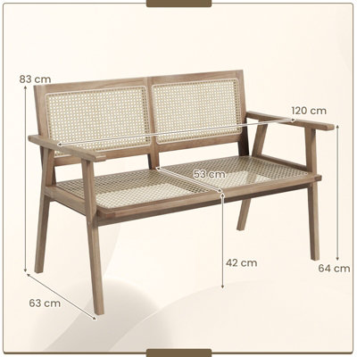 Costway Teak Wood Garden Bench 2-Person Patio Lounger Loveseat W/ Rattan Backrest & Seat - 3