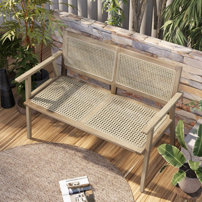 Costway Teak Wood Garden Bench 2-Person Patio Lounger Loveseat W/ Rattan Backrest & Seat - 4