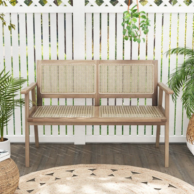 Costway Teak Wood Garden Bench 2-Person Patio Lounger Loveseat W/ Rattan Backrest & Seat - 5