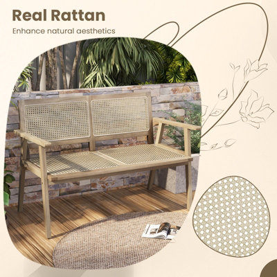 Costway Teak Wood Garden Bench 2-Person Patio Lounger Loveseat W/ Rattan Backrest & Seat - 7
