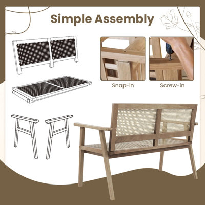 Costway Teak Wood Garden Bench 2-Person Patio Lounger Loveseat W/ Rattan Backrest & Seat - 8