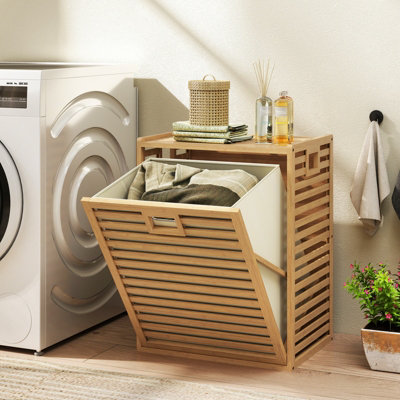 COSTWAY Tilt-out Laundry Hamper 68 L Bamboo Laundry Basket with Removable Fabric Bin