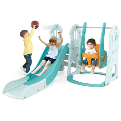 COSTWAY Toddler Slide and Swing Set 4-in-1 Indoor Playground w/Extra-long Slide