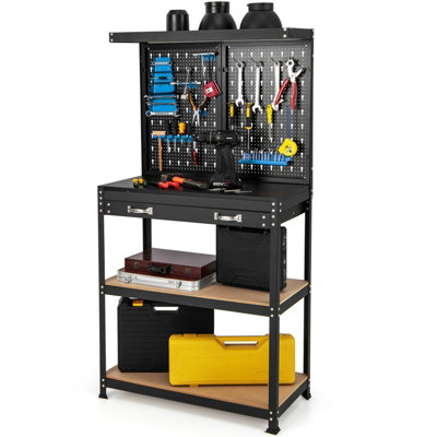 Costway Tool Storage Workbench w/ Pegboard Tool Organization Work Table for Garage